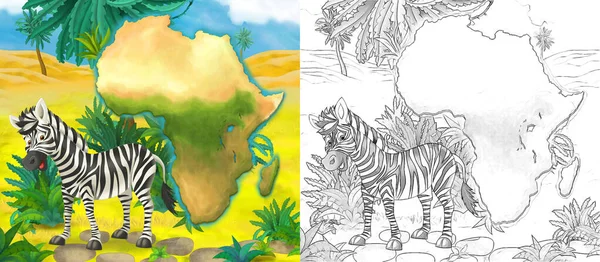 Cartoon Schets Scène Met Wild Dier Door Oase Zebra Illustratie — Stockfoto