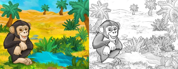 绿洲猿猴与野生动物的卡通画场景 儿童图解 — 图库照片