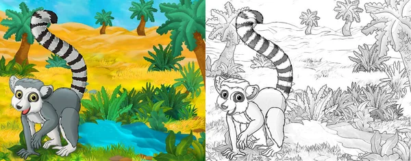 绿洲狐猴与野生动物的卡通画场景 儿童图解 — 图库照片