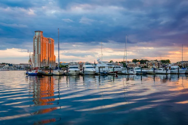 Småbåtshamn Vid Inre Hamnen Solnedgången Baltimore Maryland — Stockfoto