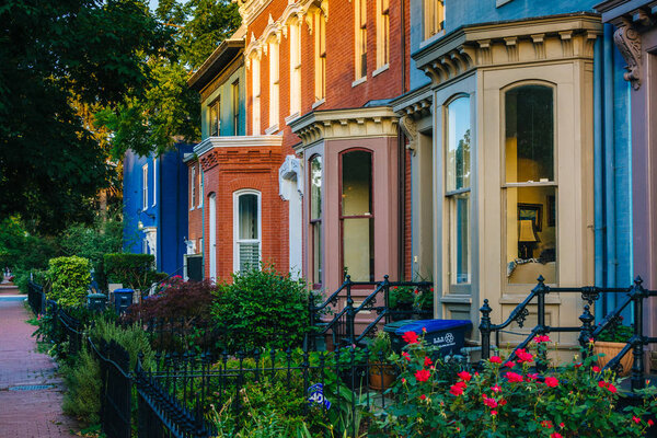Colorful row houses on Independence Avenue in Capitol Hill, Washington, DC.