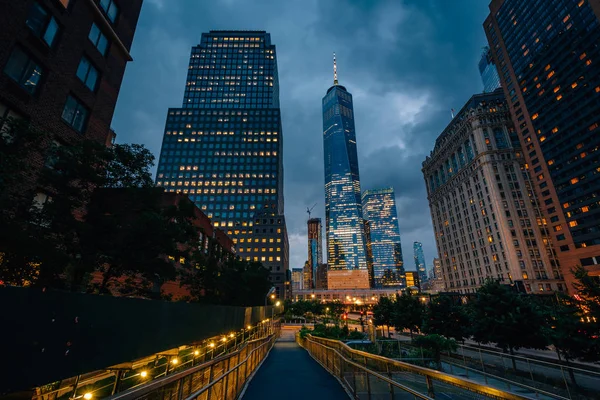 World Trade Center Los Edificios Largo West Street Por Noche — Foto de Stock