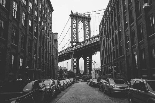 Washington Street and the Manhattan Bridge, in DUMBO, Brooklyn, New York City.