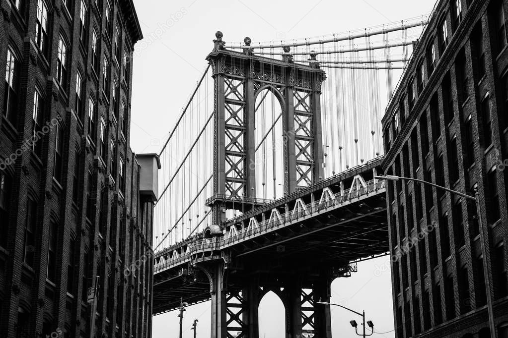 Washington Street and the Manhattan Bridge, in DUMBO, Brooklyn, New York City.