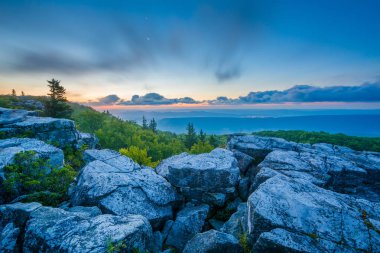 Ayı kayalar korumak Dolly Sods vahşi, Monongahela Ulusal Ormanı, West Virginia dan gündoğumu görünümü.