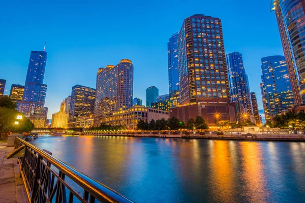 The Chicago River at night, in Chicago, Illinois