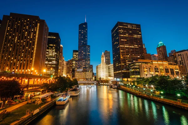 Río Chicago Por Noche Chicago Illinois — Foto de Stock