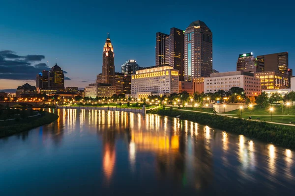 Horizonte Rio Scioto Colombo Noite Columbus Ohio — Fotografia de Stock