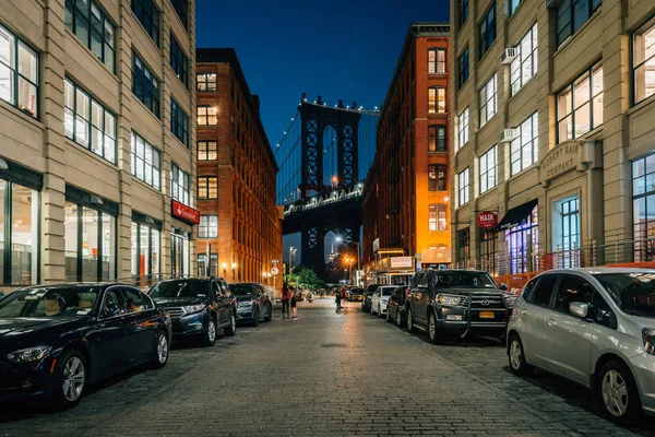 Washington Street Och Manhattan Bridge Natten Dumbo Brooklyn New York — Stockfoto