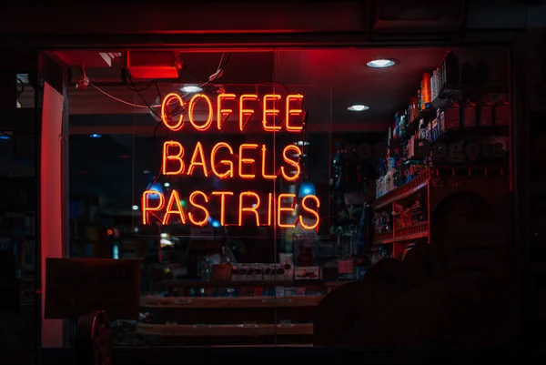 Cartel Neón Coffee Bagels Pastries East Village Nueva York — Foto de Stock