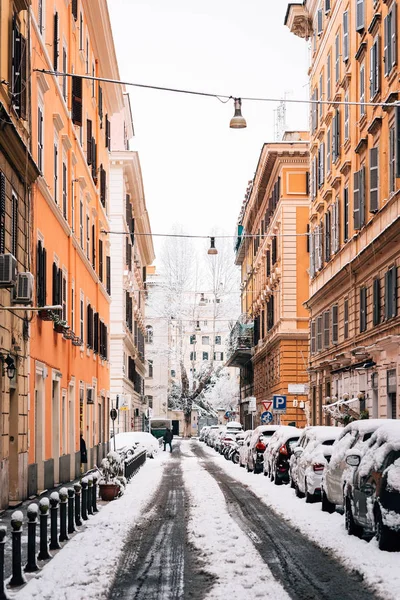 Snow Covered Street Prati Rome Italy — Stock Photo, Image