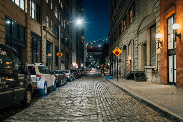 Cobblestone Street Night Dumbo Brooklyn New York City — Stock Photo, Image