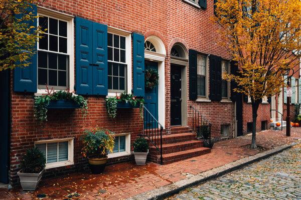 Brick row houses in Society Hill, Philadelphia, Pennsylvania.