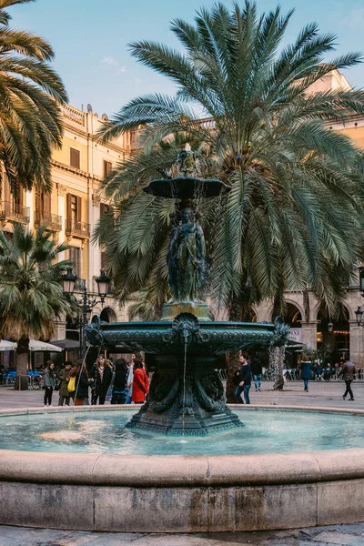 Kašna Palm Stromy Placa Reial Gotické Čtvrti Barcelona Španělsko — Stock fotografie