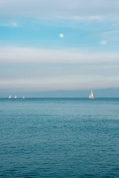 Moon Sailboats Mediterranean Sea Barceloneta Barcelona Spain — Stock Photo, Image