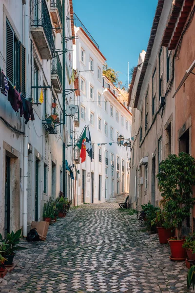 Bir dar Arnavut kaldırımlı Alfama, Lizbon, Portekiz sokak