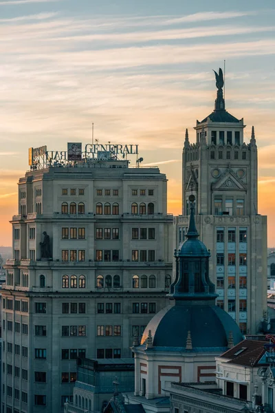 Puesta Sol Sobre Edificios Madrid España — Foto de Stock