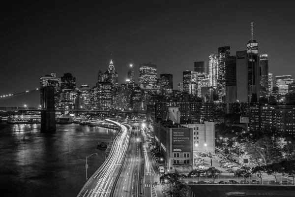 Utsikt Över Fdr Drive Och Nedre Manhattan Skyline Natten Från — Stockfoto