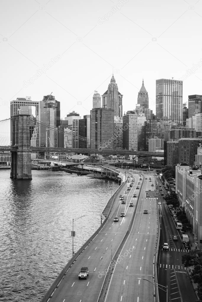View of FDR Drive and the Financial District, from the Manhattan Bridge in New York City