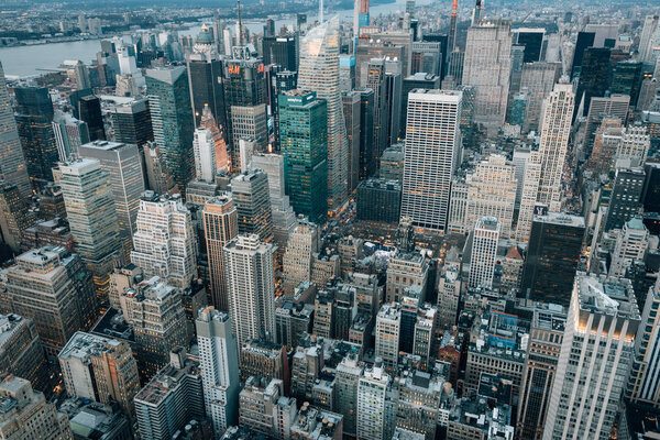 A bird's eye aerial cityscape view of Midtown Manhattan, New York City