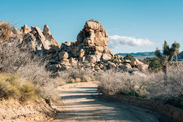 Chemin de terre et énormes rochers dans le désert, dans la nation Joshua Tree — Photo