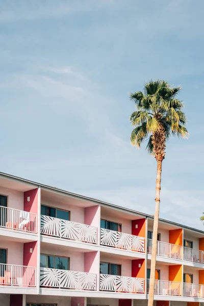 Palm tree and colorful hotel with balconies in Palm Springs, Cal — Stock Photo, Image