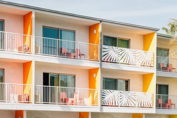 Colorful hotel with balconies in Palm Springs, California