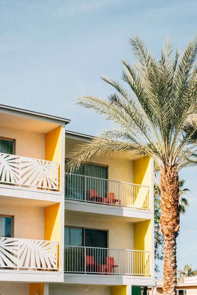 Palmeira e hotel colorido com varandas em Palm Springs, Cal — Fotografia de Stock