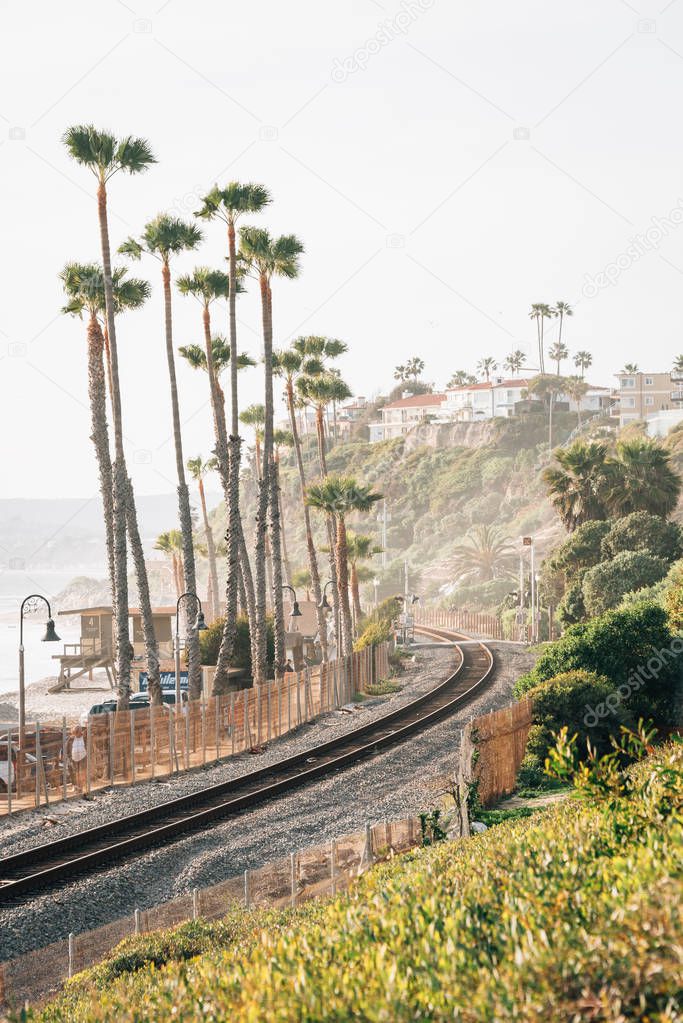 View of railroad tracks and palm trees in San Clemente, Orange C