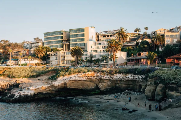 Скелястий берег і будівлі в Ла-Жола, Сан-Дієго, Каліфорнія — стокове фото