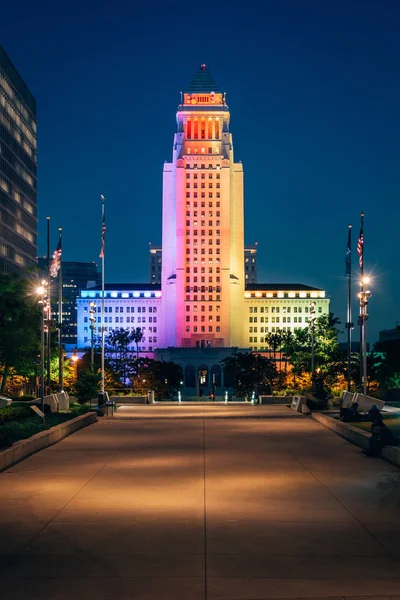 City Hall at night, in downtown Los Angeles, California — Stock Photo, Image