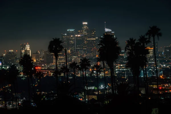 Palm bomen en Cityscape Night skyline uitzicht op het centrum van Los Ange — Stockfoto