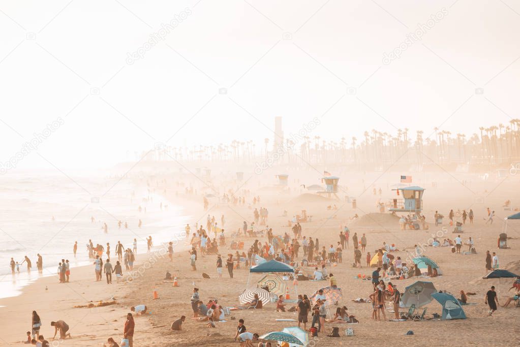 View of the beach on a summer day in Huntington Beach, Orange Co