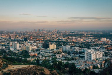 Gün batımında Runyon Canyon Park'tan Hollywood ve şehir merkezi manzarası