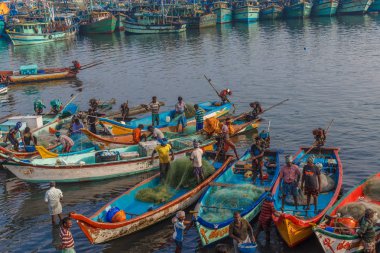 İnsanlar pazarlık ham balıklar arka plan, Kasimedu balık pazarı, Chennai, Hindistan, Kasım 20 2016 içinde deniz balıkçı tekneleri ile Müzayede için sepetler yerleştirilen bir ünlü balık pazarında bir sahne