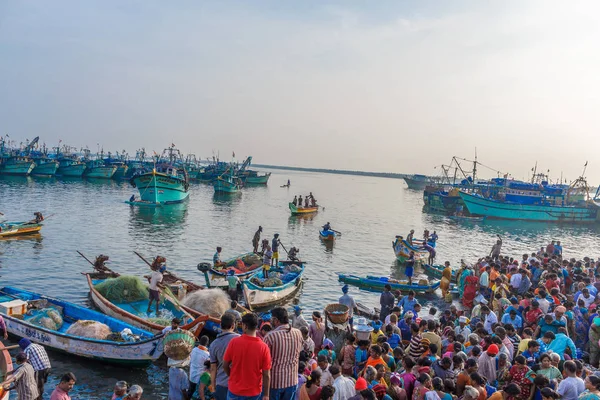 人々は 背景に海辺の漁船でのボートでオークションのバスケットに置かれた生の魚を交渉している有名な魚市場でのシーン Kasimedu 魚市場 チェンナイ インド 2016 — ストック写真