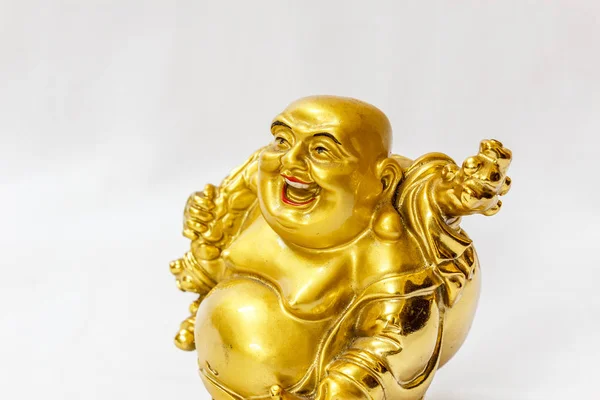 Laughing Buddha Painted Gold Color White Backdrop Stock Picture
