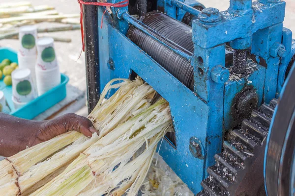 bir makine ile şeker kamışı suyu yapma adam