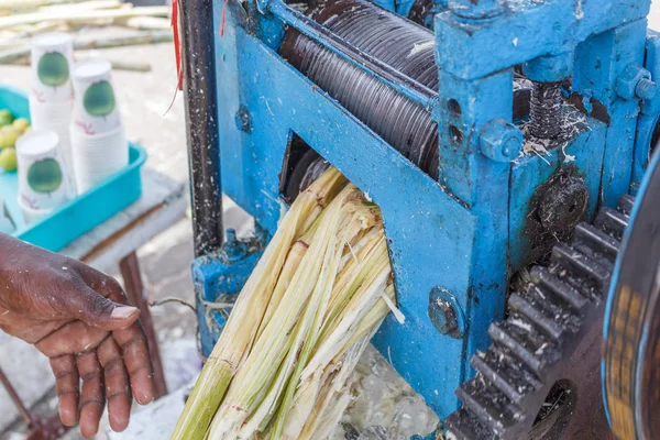 bir makine ile şeker kamışı suyu yapma adam