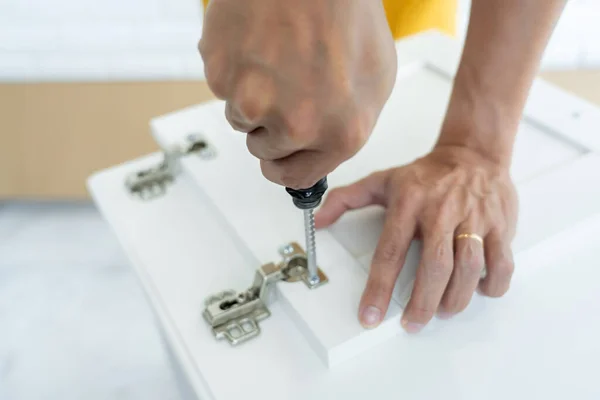 Technician Worker Fixing Door Lock Screwdriver Wood Creating New Things — Stock Photo, Image