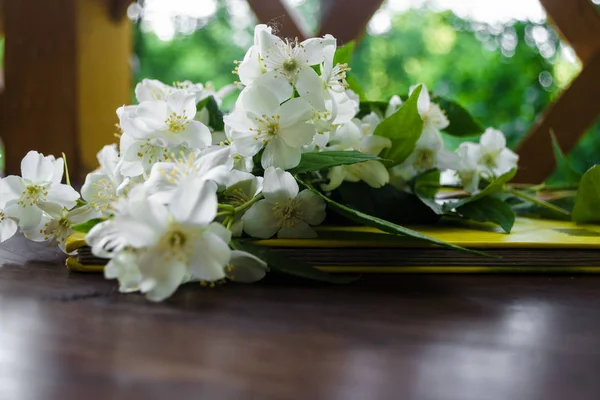 Flores de jazmín blanco con hojas verdes y cuaderno amarillo sobre mesa de madera marrón oscuro. Colocación plana, vista superior, espacio de copia para texto. concepto de fondo de pantalla floral — Foto de Stock