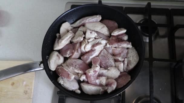 Chopped Chicken Fillet Slowly Fried Pan Steam — Stock Video