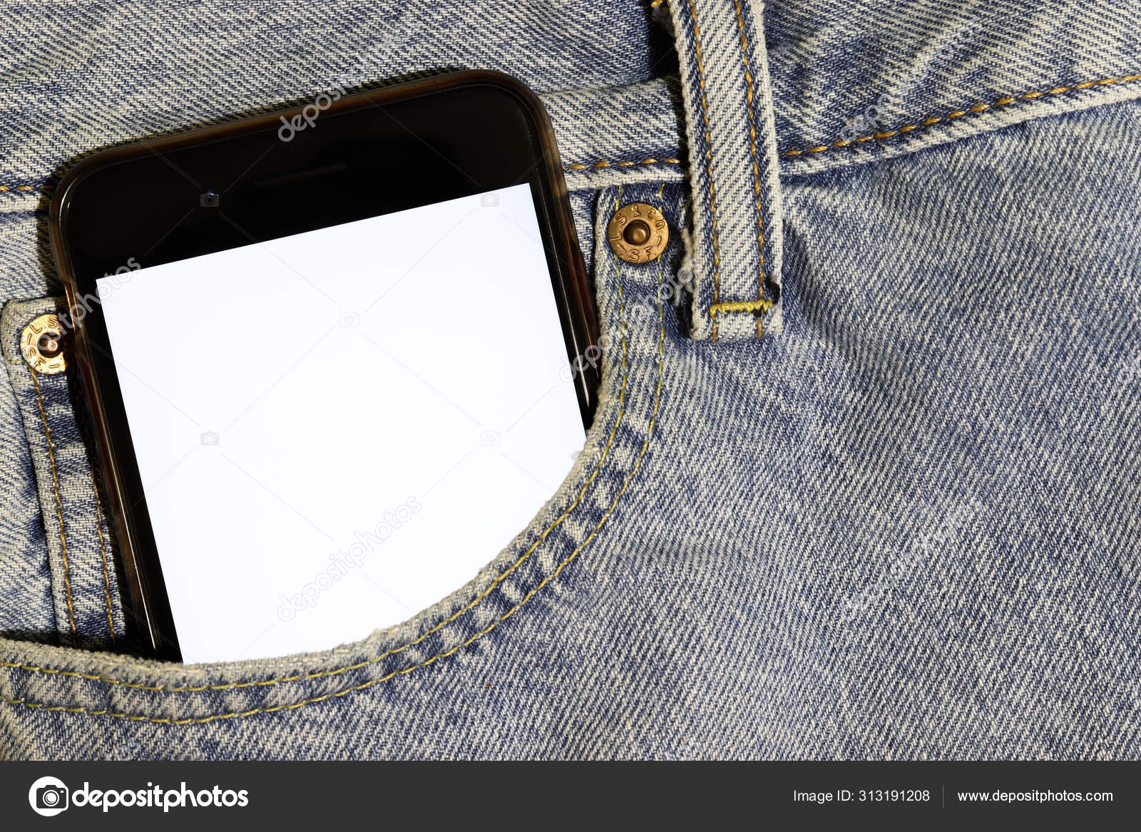 Mock up white screen phone peeping out of the pocket of light blue