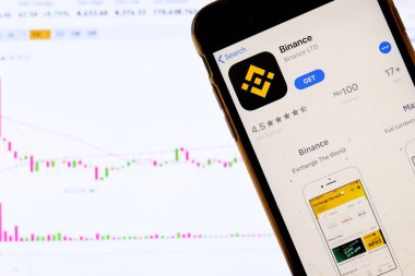 Bitcoin grafikli bir dizüstü bilgisayar ekranında Binance şifreleme döviz logosu ve simgesi. Los Angeles, California, Usa - 13 Ekim 2019, Illustrative Editorial