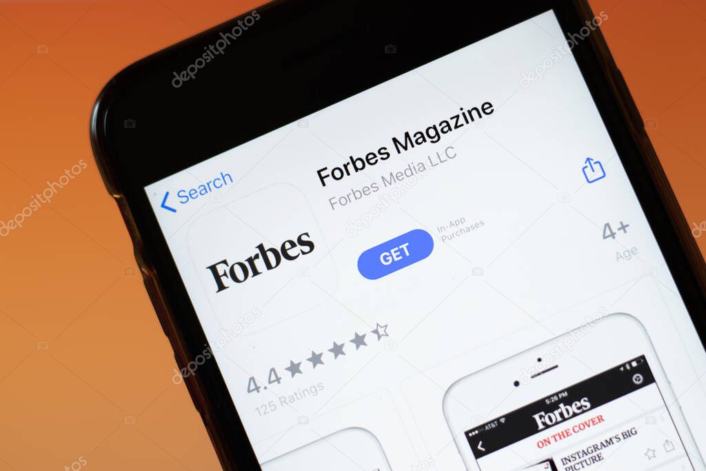 Moscow, Russia - 1 June 2020: Forbes Magazine app mobile logo close-up on screen display, Illustrative Editorial