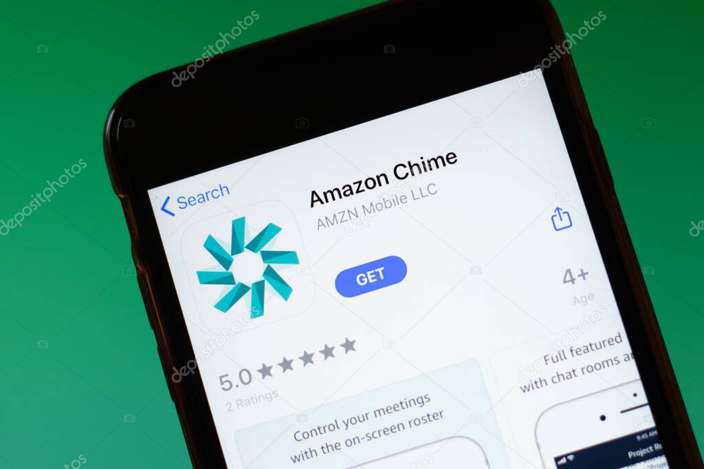 Moscow, Russia - 1 June 2020: Amazon Chime app mobile logo close-up on screen display, Illustrative Editorial