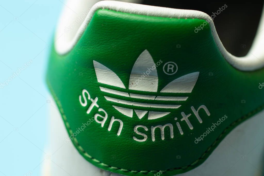 Moscow, Russia - 1 June 2020: Adidas Originals Stan Smith logo close-up, Illustrative Editorial.