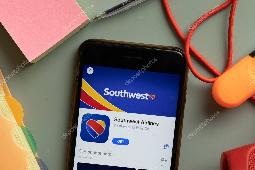 New York, USA - 27 September 2020: Southwest Airlines mobile app logo on phone screen close up, Illustrative Editorial.