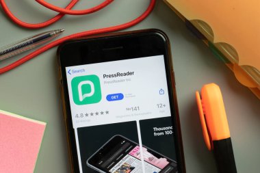 New York, ABD - 29 Eylül 2020: Telefon ekranında PressReader mobil uygulama logosu, İllüstrasyon Editörü.