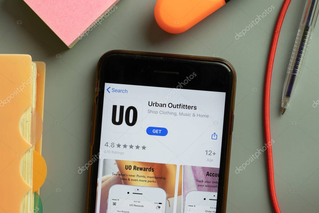 New York, USA - 29 September 2020: Urban Outfitters mobile app logo on phone screen close up, Illustrative Editorial.